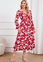 This Retro v-Neck Printed Slim Waist Women's Dress Design Made Of High Quality Polyster And Spandex Material. It Is Stretchy