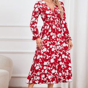 This Retro v-Neck Printed Slim Waist Women's Dress Design Made Of High Quality Polyster And Spandex Material. It Is Stretchy