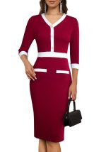 This Retro Ladies Boutique Color-Blocking Mid-Waist v-Neck Patchwork Bodycon Professional Dress Design Made Of High End Polyster And Spandex Material