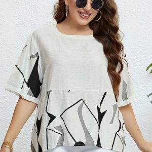 Dieser Rundhalsausschnitt Kunstdruck Top aus bequemen und elastischen Stoff. Es ist Großhandel Sexy Plus Size Tops für Frauen. Mit dem allmählichen Anstieg des feministischen Bewusstseins