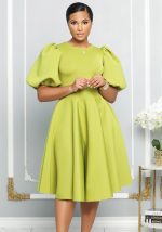 This Round Neck Chic Puff Sleeve Slim Waist Swing a-Line Dress Design Made Of High Quality Polyster And Spandex Material. It Come With Good Stretch And Wearing Comfortable. Women¡¯s Midi Dresses Is Omnipotent And Suit For All Kinds Of Occasions - Daily Wear