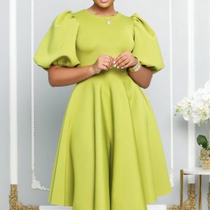 This Round Neck Chic Puff Sleeve Slim Waist Swing a-Line Dress Design Made Of High Quality Polyster And Spandex Material. It Come With Good Stretch And Wearing Comfortable. Women¡¯s Midi Dresses Is Omnipotent And Suit For All Kinds Of Occasions - Daily Wear