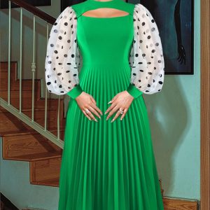 This Round Neck Cutout Rouned Neck Pleated Career Balloon Sleeve Party Dress Design Made Of High Quality Polyster And Spandex Material. It Come With Good Stretch And Wearing Comfortable. Women¡¯s Midi Dresses Is Omnipotent And Suit For All Kinds Of Occasions - Daily Wear