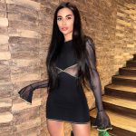 This Round Neck Flare Long Sleeve Mesh Patchwork Contrast Sexy See-Through Women Bodycon Dress Design Made Of High Quality Polyster And Spandex Material