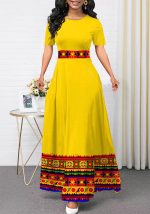 This Round Neck High Waist Contrast Color Plus Size Patchwork Swing Dress Design Made Of High Quality Polyster And Spandex Material