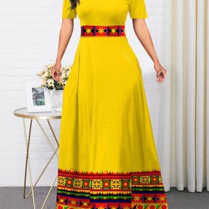 This Round Neck High Waist Contrast Color Plus Size Patchwork Swing Dress Design Made Of High Quality Polyster And Spandex Material