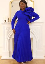 This Round Neck Long Sleeve Decorative Pleated Skirt Stylish Party Reception Solid Color Dress Design Made Of Good Quality Polyster And Spandex Material