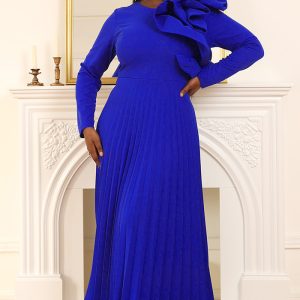 This Round Neck Long Sleeve Decorative Pleated Skirt Stylish Party Reception Solid Color Dress Design Made Of Good Quality Polyster And Spandex Material