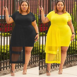 This Round Neck Mesh Patchwork Plus Size Women's Short Sleeve Irregular See-Through Dress Design Made Of High Quality Polyster And Spandex Material. It Is Stretchy