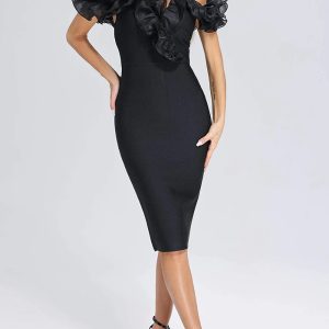 This Ruffle Bandage Dress Fashionable And Elegant Off Shoulder Strapless Black Formal Party Dress Design Made Of Good Quality Polyster And Spandex Material