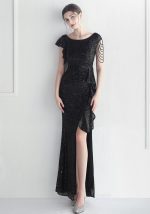 This Ruffle Beading Gala Dinner Show Long Sequined Dress Design Made Of Good Quality Polyster And Spandex Material