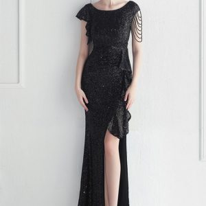 This Ruffle Beading Gala Dinner Show Long Sequined Dress Design Made Of Good Quality Polyster And Spandex Material