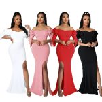 This Ruffle Edge Off Shoulder Slim Fit Sexy Slit Women's Dress Design Made Of Good Quality Polyster And Spandex Material