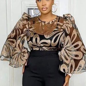 This See-Through Shiny Round Neck Long-Sleeved Top Fashion All-Match Shoulder Loose Women's Jacket Design Made Of Thick Polyster And Spandex Materail