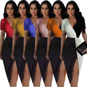 This Sequin Contrast High Waist Solid Chic Career Midi Dress Short Sleeve Slim Waist Dress Design Made Of High Quality Polyster And Spandex Material