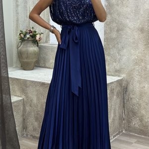 This Sequin Pleated Belted Party Dress Casual Loose Women's Dress Design Made Of High Quality Polyster And Spandex Material