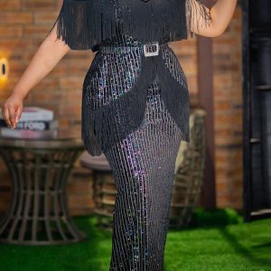 This Sequin See-Through Mesh Patchwork Tassel Party Evening Dress Design Made Of Good Quality Polyster And Spandex Material