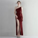 This Sequined One-Shoulder Formal Party Split Long Sequined Evening Dress Design Made Of Good Quality Polyster And Spandex Material