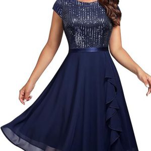 This Sequined Short Sleeve Patchwork Chiffon Swing Dress Slim Sexy Bridesmaid Dress Design Made Of High Level Material