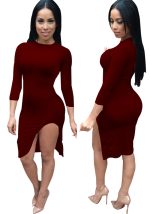 This Sexy And Fashionable Solid Color Slit Women's Dress Design Made Of High Quality Polyster And Spandex Material. It Is Stretchy