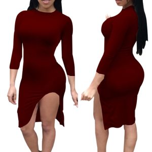 This Sexy And Fashionable Solid Color Slit Women's Dress Design Made Of High Quality Polyster And Spandex Material. It Is Stretchy