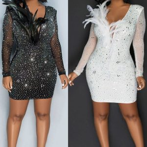 This Sexy Beaded See-Through Mesh Patchwork v-Neck Feather Party Dress Design Made Of High Quality Polyster And Spandex Material