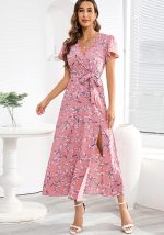 This Sexy Bohemian v-Neck Floral Slit Skirt Summer Ladies Plus Size Chiffon Dress Design Made Of High Quality Polyster And Spandex Material