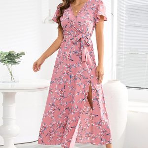 This Sexy Bohemian v-Neck Floral Slit Skirt Summer Ladies Plus Size Chiffon Dress Design Made Of High Quality Polyster And Spandex Material