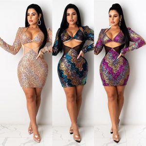 This Sexy Chic Career Print Sequin Long Sleeve Dress Nightclub Design Made Of High Quality Polyster And Spandex Material