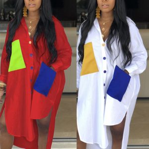 This Sexy Color Block Pocket Long Shirtwomen's Clothing Design Made Of High Quality Polyster And Spandex Material. It Is Stretchy