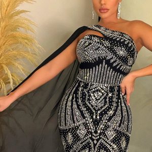 This Sexy Cutout Low Back Beaded Cape Sleeve Women's Party Evening Dress Design Made Of High Quality Polyster And Spandex Material