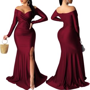 This Sexy Fashion Big v-Neck Solid Off Shoulder Slit Evening Dress Design Made Of Good Quality Polyster And Spandex Material