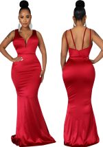 This Sexy Fashion Deep v Neck Sleeveless Mermaid Gown Women's Solid Color Evening Dress Design Made Of Good Quality Polyster And Spandex Material