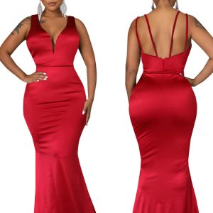 This Sexy Fashion Deep v Neck Sleeveless Mermaid Gown Women's Solid Color Evening Dress Design Made Of Good Quality Polyster And Spandex Material