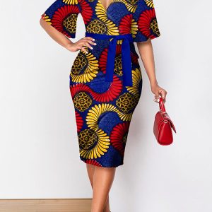 This Sexy Fashion Digital Printing Short Sleeve v Neck Ladies Dress Design Made Of High Quality Polyster And Spandex Material. It Come With Good Stretch And Wearing Comfortable. Women¡¯s Midi Dresses Is Omnipotent And Suit For All Kinds Of Occasions - Daily Wear