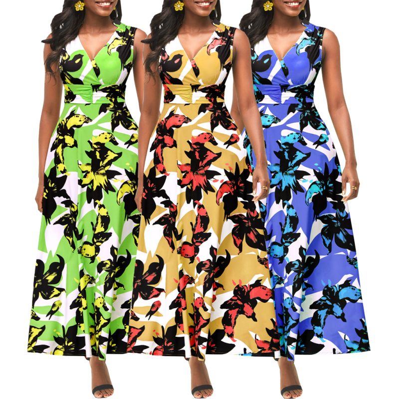 This Sexy Fashion Digital Printing v Neck Sleeveless Women Dress Design Made Of High Quality Polyster And Spandex Material