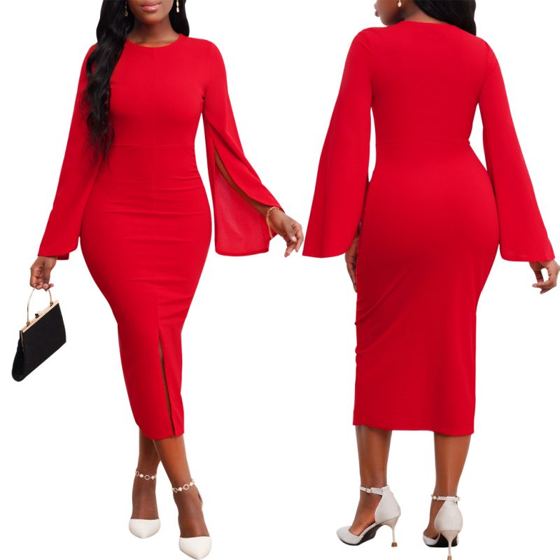 This Sexy Fashion Elegant Round Neck Slit Women's Midi Dress Design Made Of High Quality Polyster And Spandex Material. It Come With Good Stretch And Wearing Comfortable. Women¡¯s Midi Dresses Is Omnipotent And Suit For All Kinds Of Occasions - Daily Wear