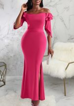 This Sexy Fashion Solid Color Off Shoulder Slit Women's Evening Dress Design Made Of High Quality Polyster And Spandex Material. It Come With Good Stretch And Wearing Comfortable. Women¡¯s Midi Dresses Is Omnipotent And Suit For All Kinds Of Occasions - Daily Wear