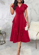 This Sexy Fashion v-Neck Ruffled Women's Dress Design Made Of High Quality Polyster And Spandex Material. It Come With Good Stretch And Wearing Comfortable. Women¡¯s Midi Dresses Is Omnipotent And Suit For All Kinds Of Occasions - Daily Wear