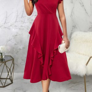 This Sexy Fashion v-Neck Ruffled Women's Dress Design Made Of High Quality Polyster And Spandex Material. It Come With Good Stretch And Wearing Comfortable. Women¡¯s Midi Dresses Is Omnipotent And Suit For All Kinds Of Occasions - Daily Wear