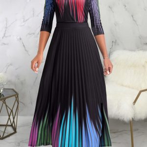 This Sexy Fashionable Striped Printed Three-Quarter Sleeve Pleated Women's Dress Design Made Of High Quality Polyster And Spandex Material. It Is Stretchy