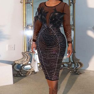 This Sexy Feather Beaded See-Through Long Sleeve Patchwork Bodycon Dress Design Made Of High Quality Polyster And Spandex Material