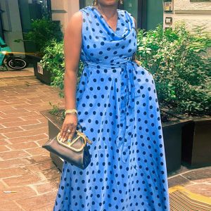 This Sexy Fit Polka Dot Print Plus Size Belted Sleeveless Maxi Dress Design Made Of High Quality Polyster And Spandex Material