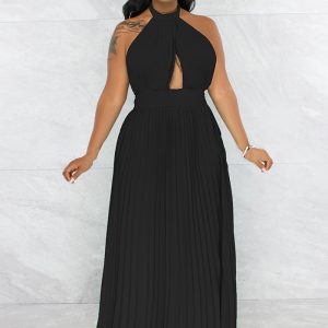 This Sexy Halter Low Back Straps Solid Color Chiffon Pleated Dress Design Made Of High Quality Polyster And Spandex Material