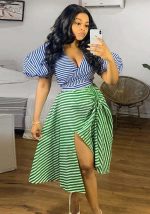 This Sexy Irregular Stripe Contrast Color Drawstring Lace-Up Slit Plus Size Two Piece Skirt Set Nightclub Dress Design And Made Of Comfortable And Elastic Fabric. Wholesale Plus Size Two Piece Sets Is a Must-Have Item For Curvy Ladies. Two Piece Sets Can Either Be Worn Together Or Individually