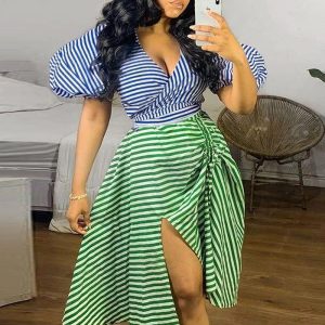 This Sexy Irregular Stripe Contrast Color Drawstring Lace-Up Slit Plus Size Two Piece Skirt Set Nightclub Dress Design And Made Of Comfortable And Elastic Fabric. Wholesale Plus Size Two Piece Sets Is a Must-Have Item For Curvy Ladies. Two Piece Sets Can Either Be Worn Together Or Individually