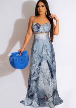 This Sexy Ladies Denim Print Pin Embellished Backless Slip Maxi Dress Design Made Of High Quality Polyster And Spandex Material