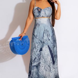 This Sexy Ladies Denim Print Pin Embellished Backless Slip Maxi Dress Design Made Of High Quality Polyster And Spandex Material