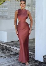 This Sexy Low Back Solid Color Chic Slim Fit Sleeveless Round Neck Slim Long Dress Design Made Of High Quality Polyster And Spandex Material