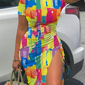 This Sexy Multicolor Print Short Sleeve Drawstring Irregular Casual Dress Design Made Of High Quality Polyster And Spandex Material. It Come With Good Stretch And Wearing Comfortable And Feeling Freedom. The Tight And Fitted Dress Is The Most Popular Options From Party Girls. Shop Bodycon Dresses At Global Lover And Find Amazing Designs Sequins